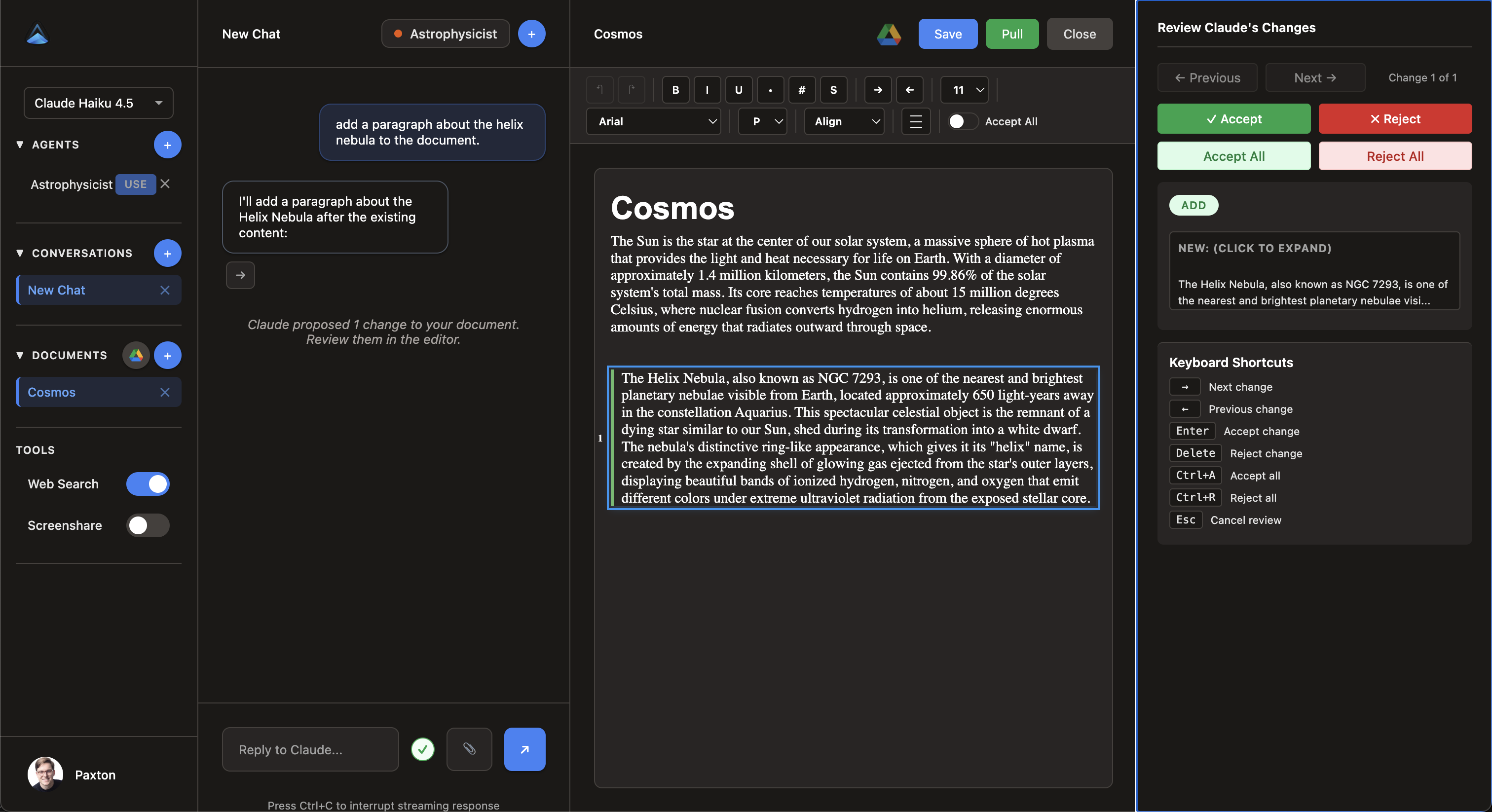 Apprised interface showing multi-agent conversations, document editor, and change review panel